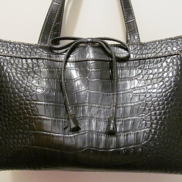 Liz Claiborne Purse Black Faux Croc Leather Bow Tassel w Bonus Cell Phone Holder - Picture 2 of 12